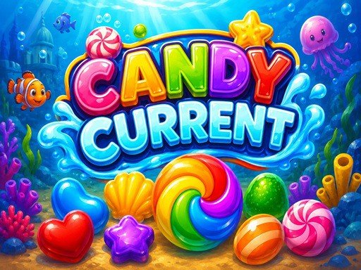 Doces coloridos em um tabuleiro subaquático no jogo CandyCurrent