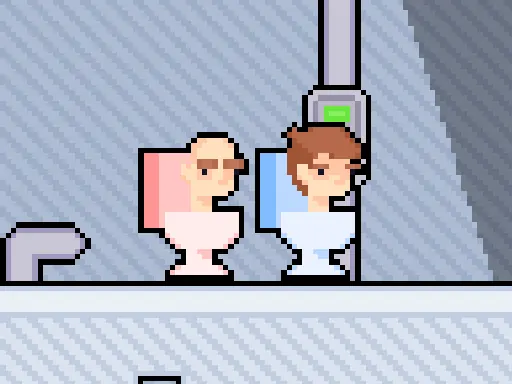 Dois personagens Skibidi atravessando um cenário de plataforma cheio de obstáculos
