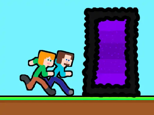 Steveman e Alexwoman explorando um cenário de plataforma inspirado em Minecraft