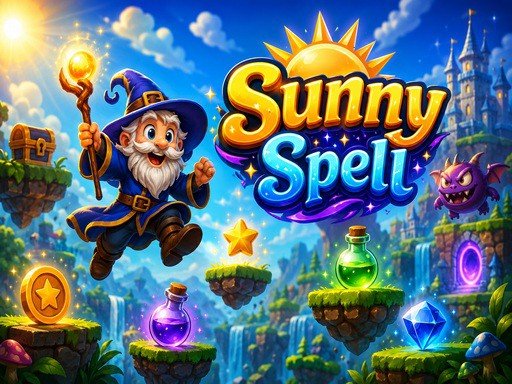Peças coloridas e personagens mágicos no jogo Sunny Spell