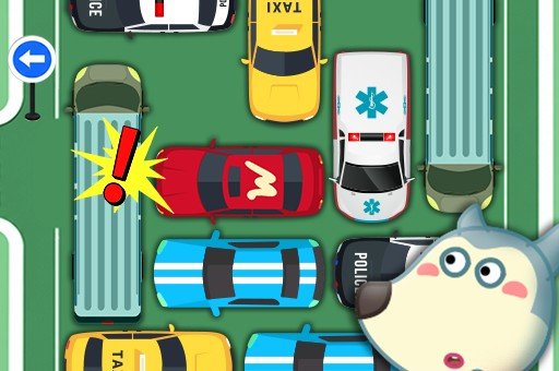 Wolfoo tentando retirar seu carro vermelho de um estacionamento movimentado